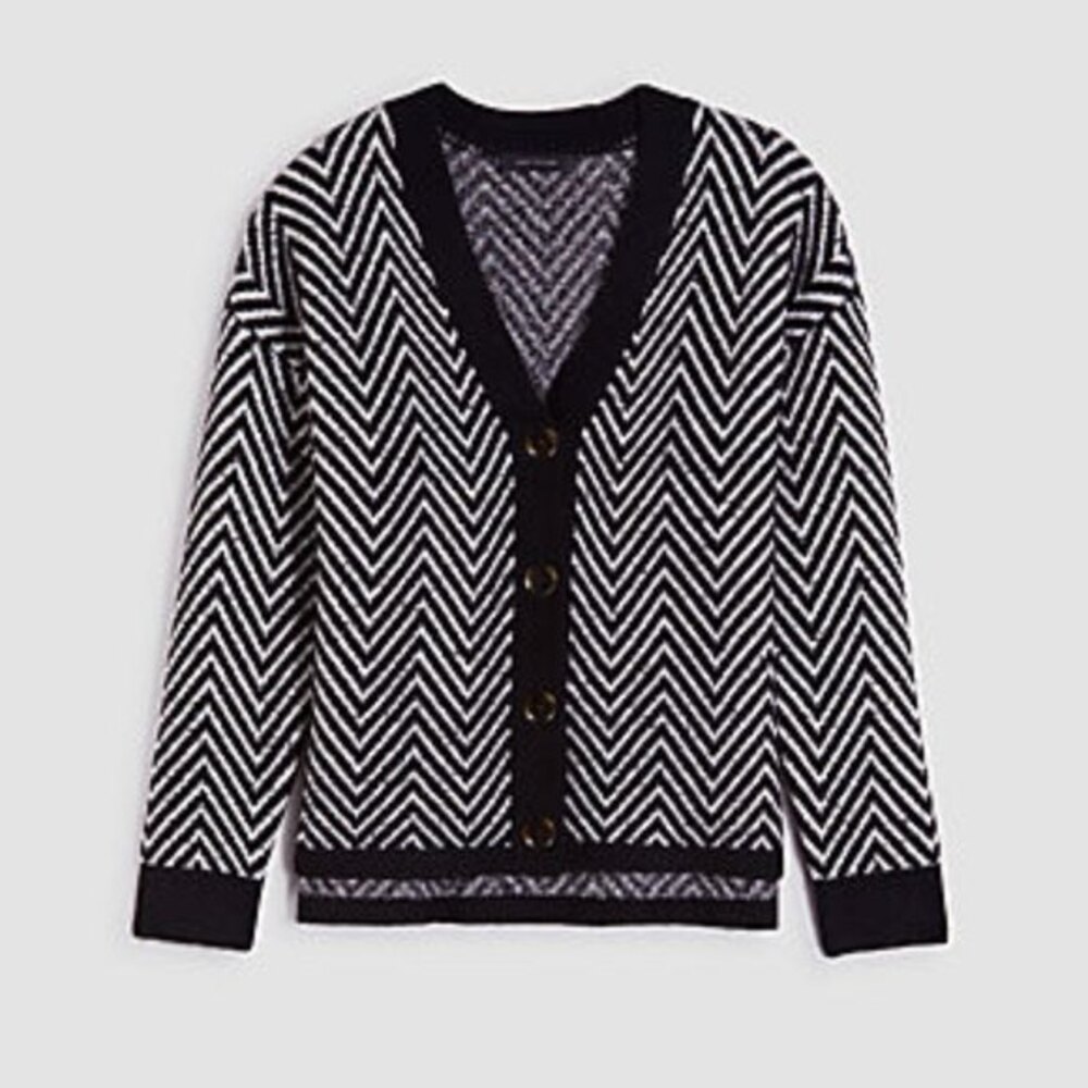 Ann Taylor Black and White Herringbone Chunky Knit Button Cardigan Sweater (NWT)